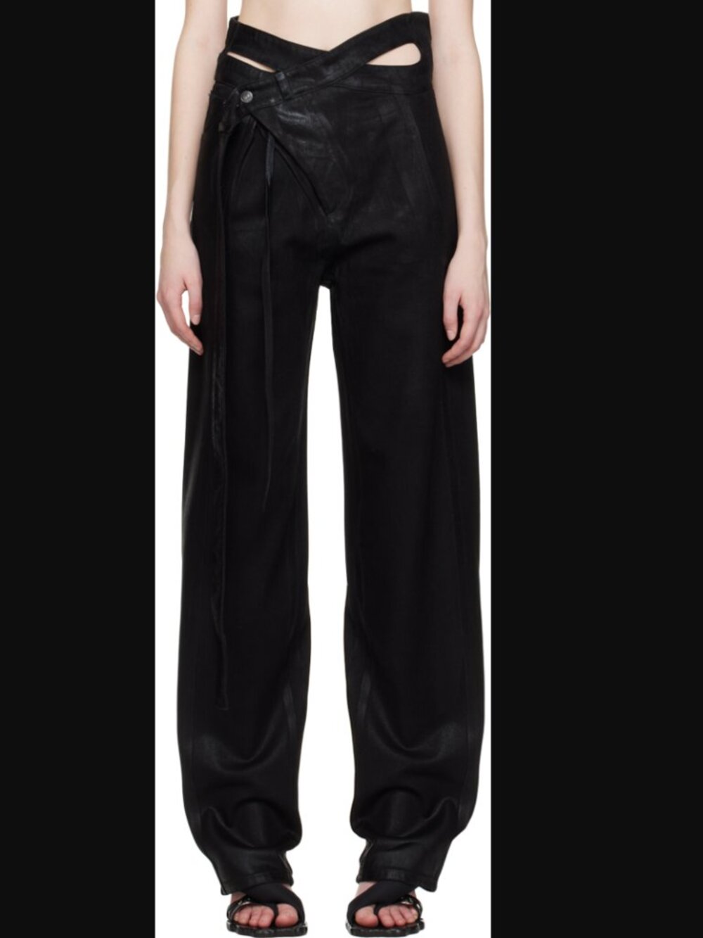 Ottolinger Black Coated Wrap Belt Pants Size L 36” Inseam